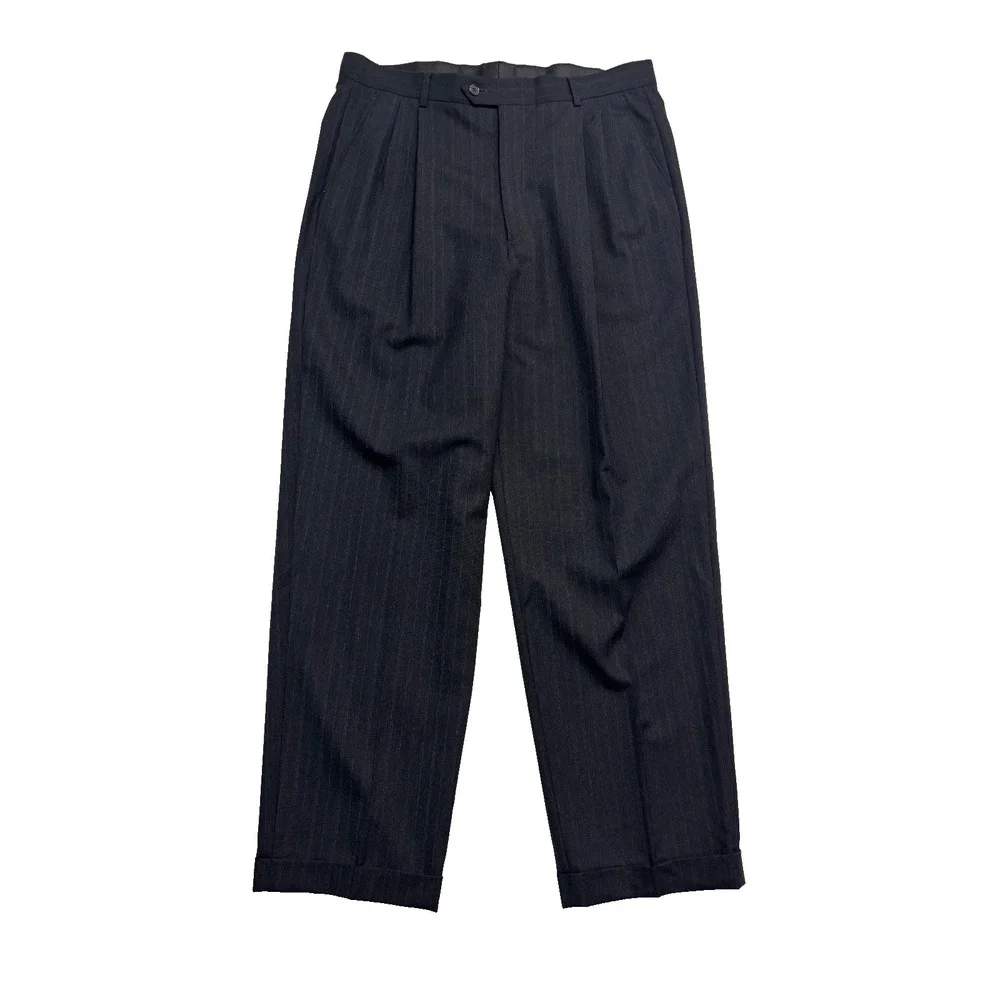 vtg 90s Double Breasted 42L 36x33 Gray Stripe 2pc Pant Suit Wool Profilo Pleated